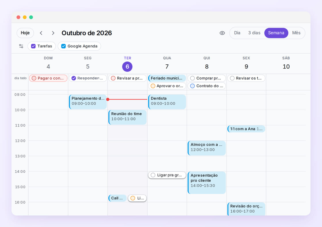 A agenda da semana no MyTasks: compromissos do Google Agenda e as tarefas do dia na mesma grade, com a linha da hora atual.