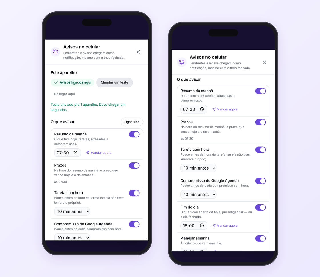 A tela Avisos no celular do MyTasks: resumo da manhã, prazos, tarefa com hora, compromissos do Google Agenda, fim do dia, planejar amanhã e resumo da semana, cada um com o seu horário.