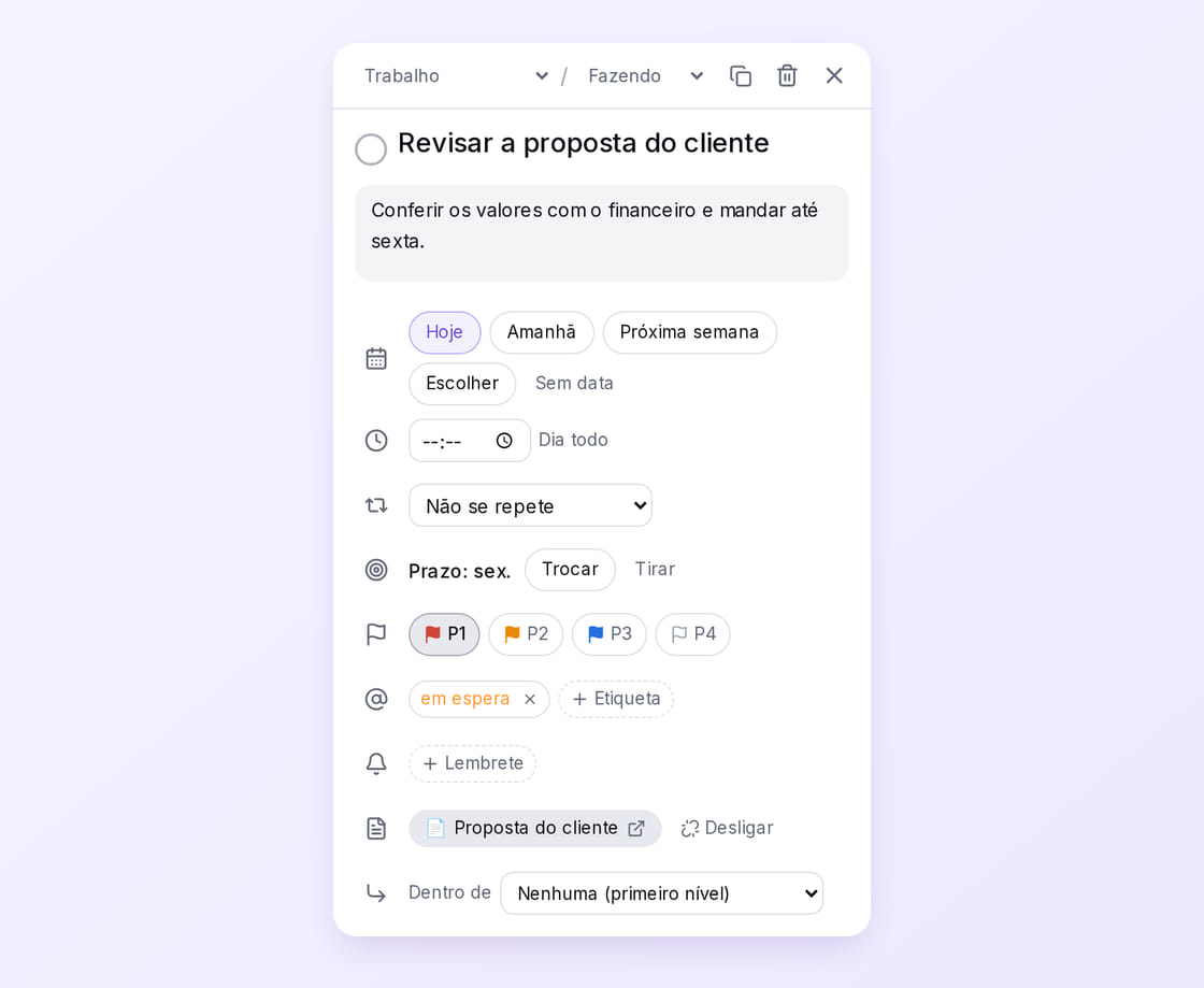 O detalhe de uma tarefa: projeto e seção, descrição, data, hora, repetição, prazo, prioridade, etiqueta, lembrete e a página do MyNotes ligada.