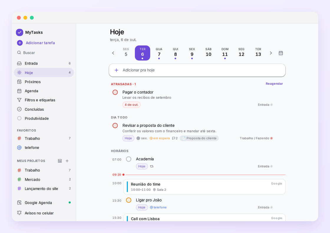 O MyTasks aberto no Hoje: a tarefa atrasada no topo, as do dia, e as com horário intercaladas com os compromissos do Google Agenda.