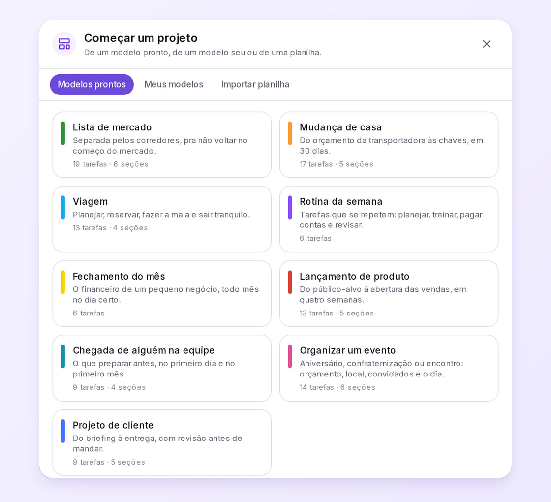 A janela Começar um projeto, com os nove modelos prontos: lista de mercado, mudança de casa, viagem, rotina da semana, fechamento do mês, lançamento de produto, chegada de alguém na equipe, evento e projeto de cliente.